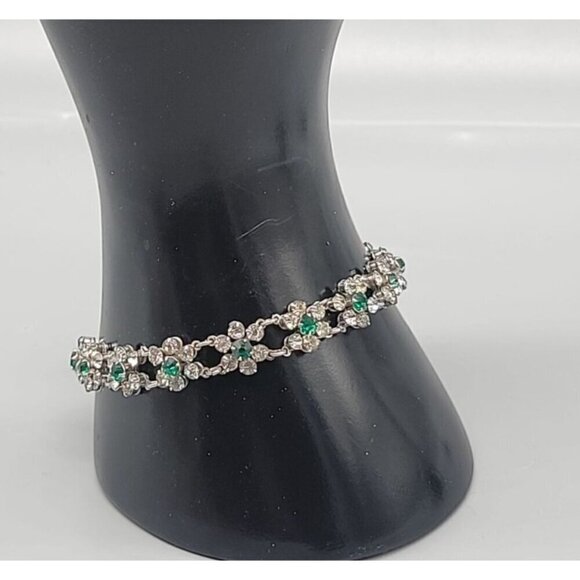 Sterling Silver Cubic Zirconia Flower Tennis Bracelet 7" Green Clear Gemstone